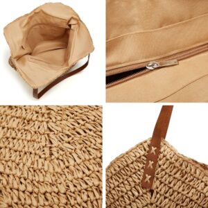 Summer Casual Straw Tote Bag Large Capacity Woven Shoulder Handbag for Summer Beach Vocation (A-Khaki)