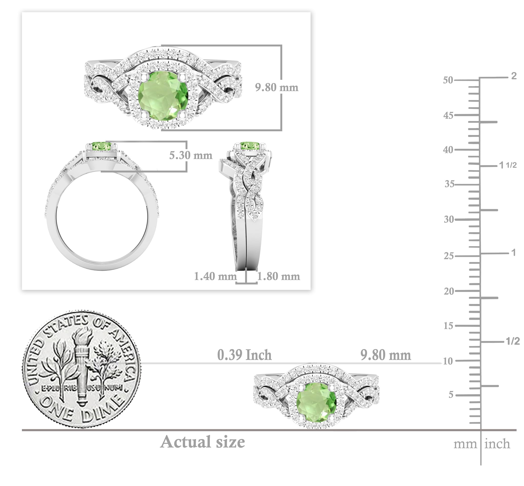 Dazzlingrock Collection 5.8mm Round Peridot & White Diamond Infinity Swirl Halo Wedding Ring Set for Women in 925 Sterling Silver Size 8