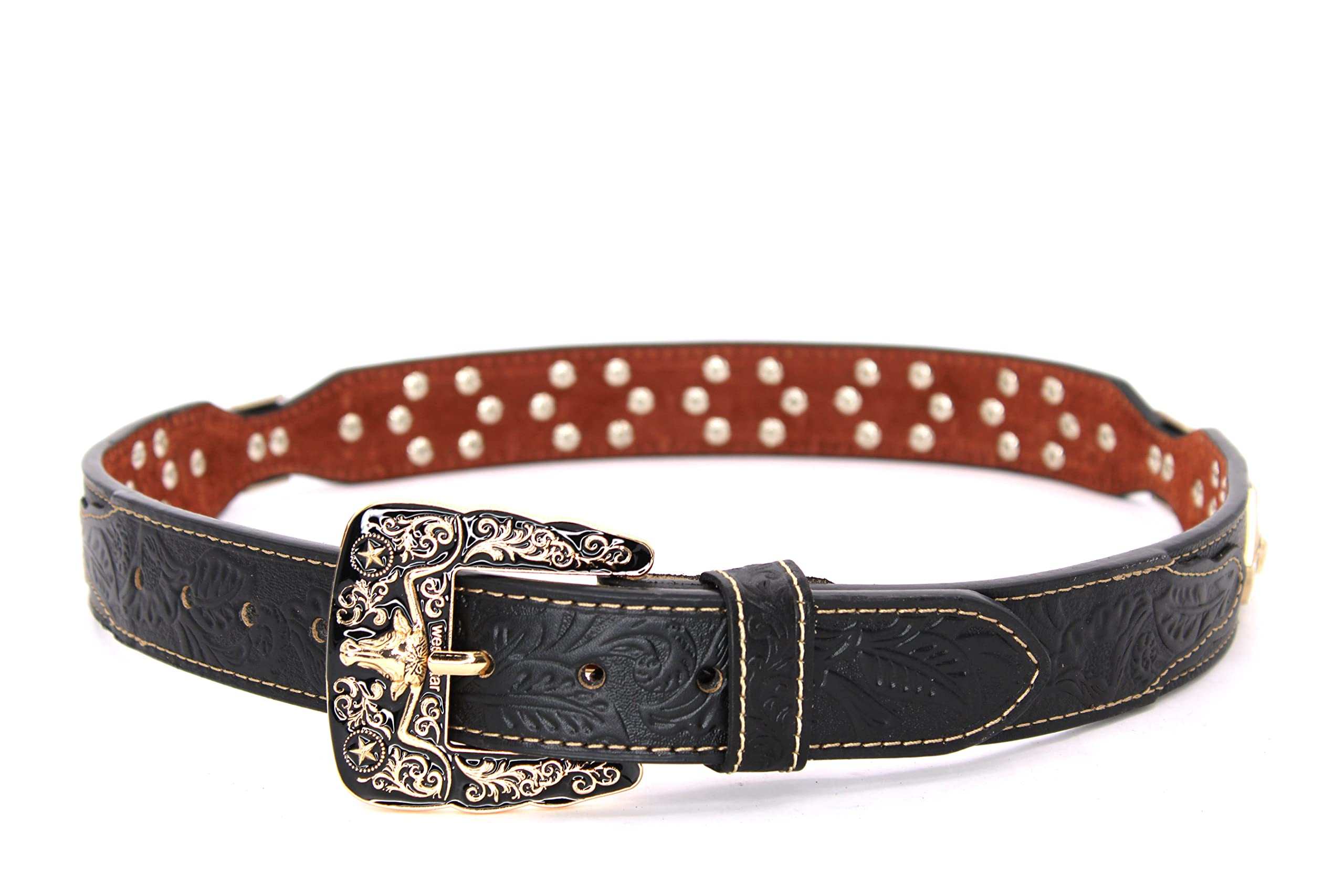 West Star Texas Genuine Leather Belt with Longhorn Buckle Gold and Silver -806A Longhorn BK XL Floral