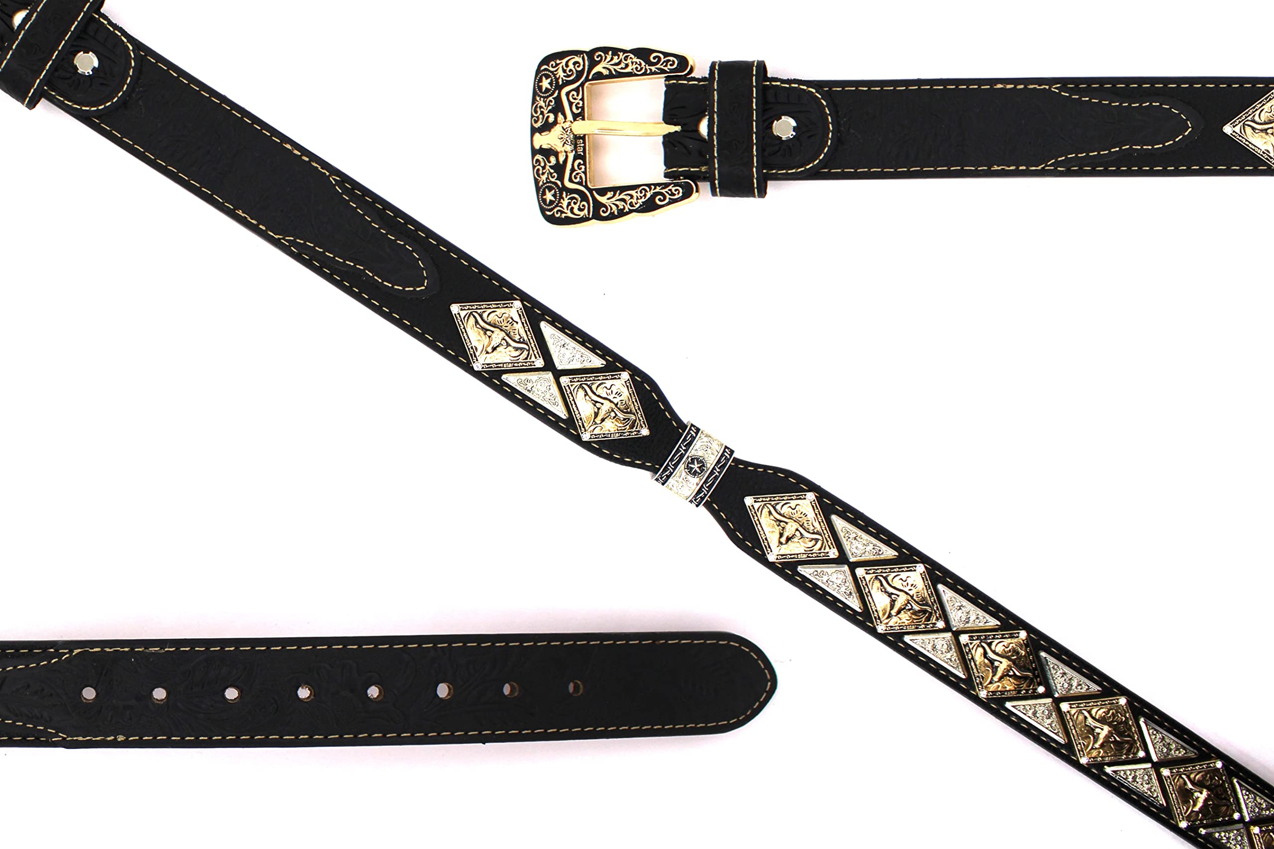 West Star Texas Genuine Leather Belt with Longhorn Buckle Gold and Silver -806A Longhorn BK XL Floral