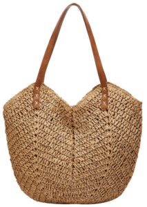 summer casual straw tote bag large capacity woven shoulder handbag for summer beach vocation (a-khaki)