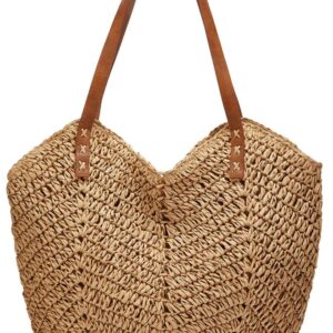 Summer Casual Straw Tote Bag Large Capacity Woven Shoulder Handbag for Summer Beach Vocation (A-Khaki)