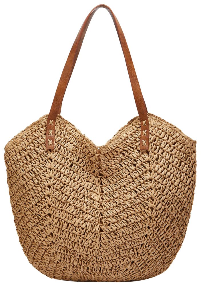 Summer Casual Straw Tote Bag Large Capacity Woven Shoulder Handbag for Summer Beach Vocation (A-Khaki)