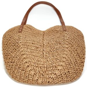 Summer Casual Straw Tote Bag Large Capacity Woven Shoulder Handbag for Summer Beach Vocation (A-Khaki)