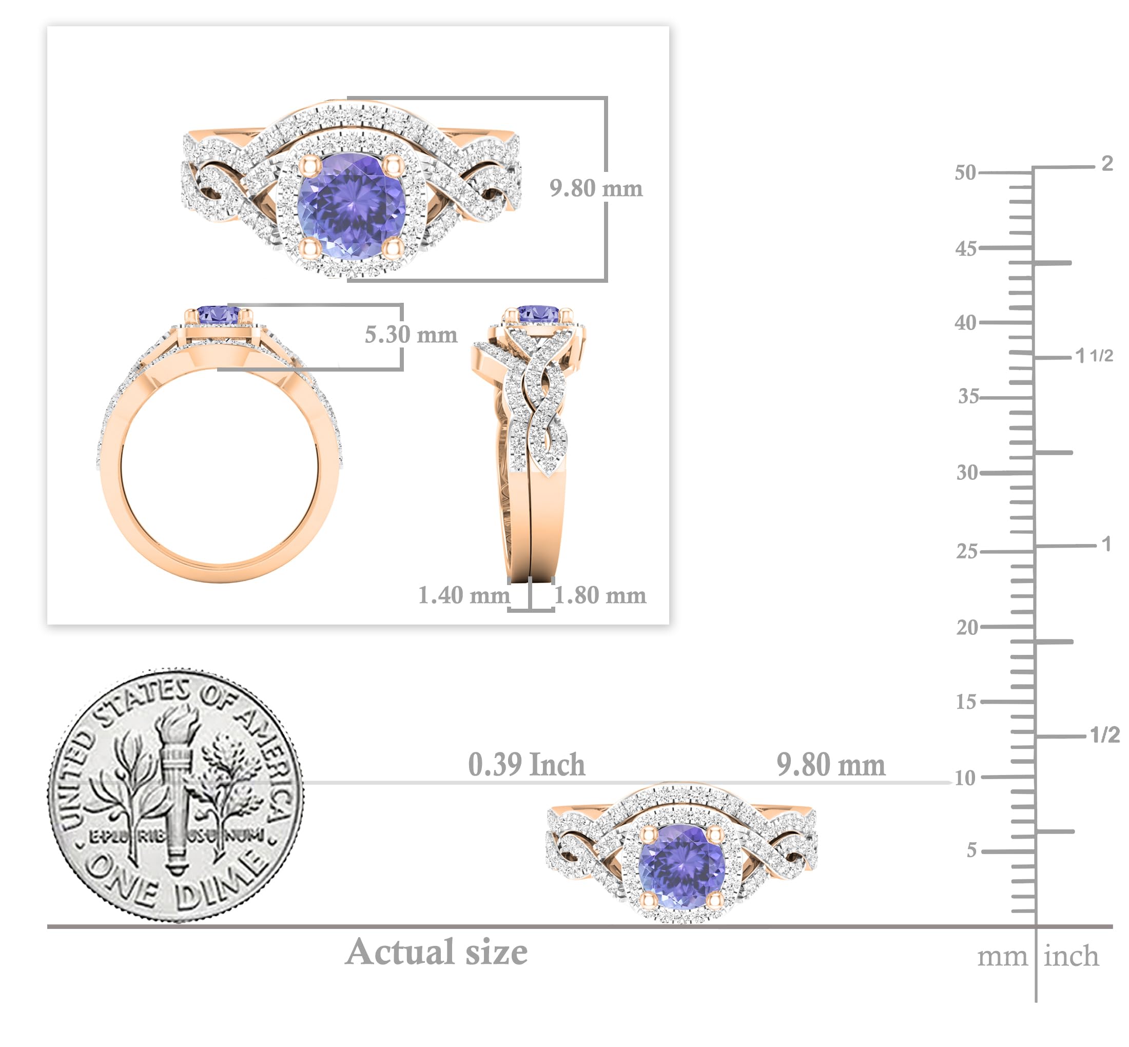 Dazzlingrock Collection 5.8mm Round Tanzanite & White Diamond Infinity Swirl Halo Wedding Ring Set for Women in 14K Rose Gold Size 6