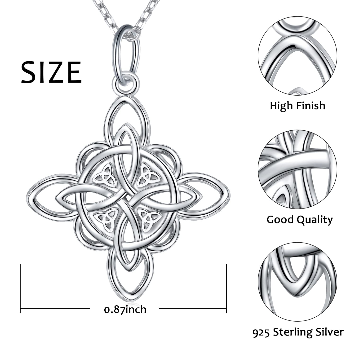 FLYOW Witches Knot Necklace 925 Sterling Silver Good Luck Irish Jewelry Celtic Triquetra Trinity Witches Knot Pendant Necklace for Women Birthday Graduation Christmas