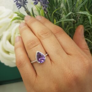 Dazzlingrock Collection 10X7 MM Pear Amethyst & Round White Diamond Engagement Ring for Women Sterling Silver, Size 5.5