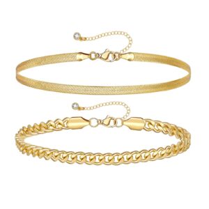 KissYan Gold Layered Ankle Bracelets for Women, Dainty 14k Gold Plated Layering Anklets Set Adjustable Fashion Cuban Link Snake Tennis Chain Ankles Summer Beach Foot Jewelry