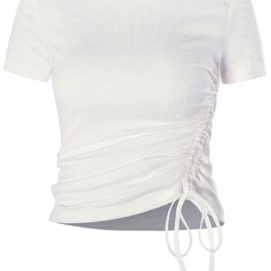 Athletic Tops for Women Short Sleeve,Workout Crop Top Fitted Yoga Shirt Drawstring Side Ruched(Off White-047,M)