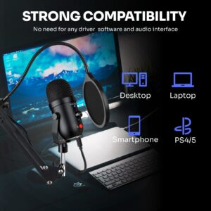 USB Microphone for PC Computer PS4 Cardioid Condenser ASMR Microphone Kit Metal Podcast Microphone for Streaming Gaming Studio Video Recording YouTube Noise Cancelling Mic Kit for Laptop,Phone,Mac