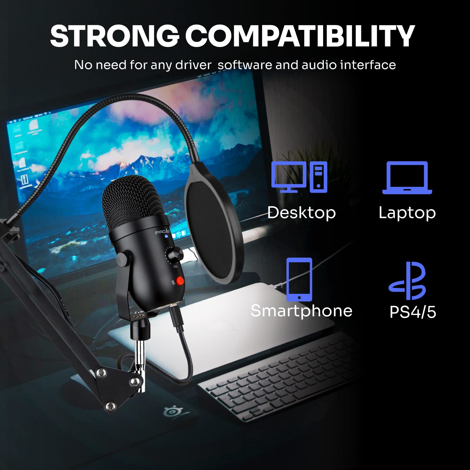 USB Microphone for PC Computer PS4 Cardioid Condenser ASMR Microphone Kit Metal Podcast Microphone for Streaming Gaming Studio Video Recording YouTube Noise Cancelling Mic Kit for Laptop,Phone,Mac