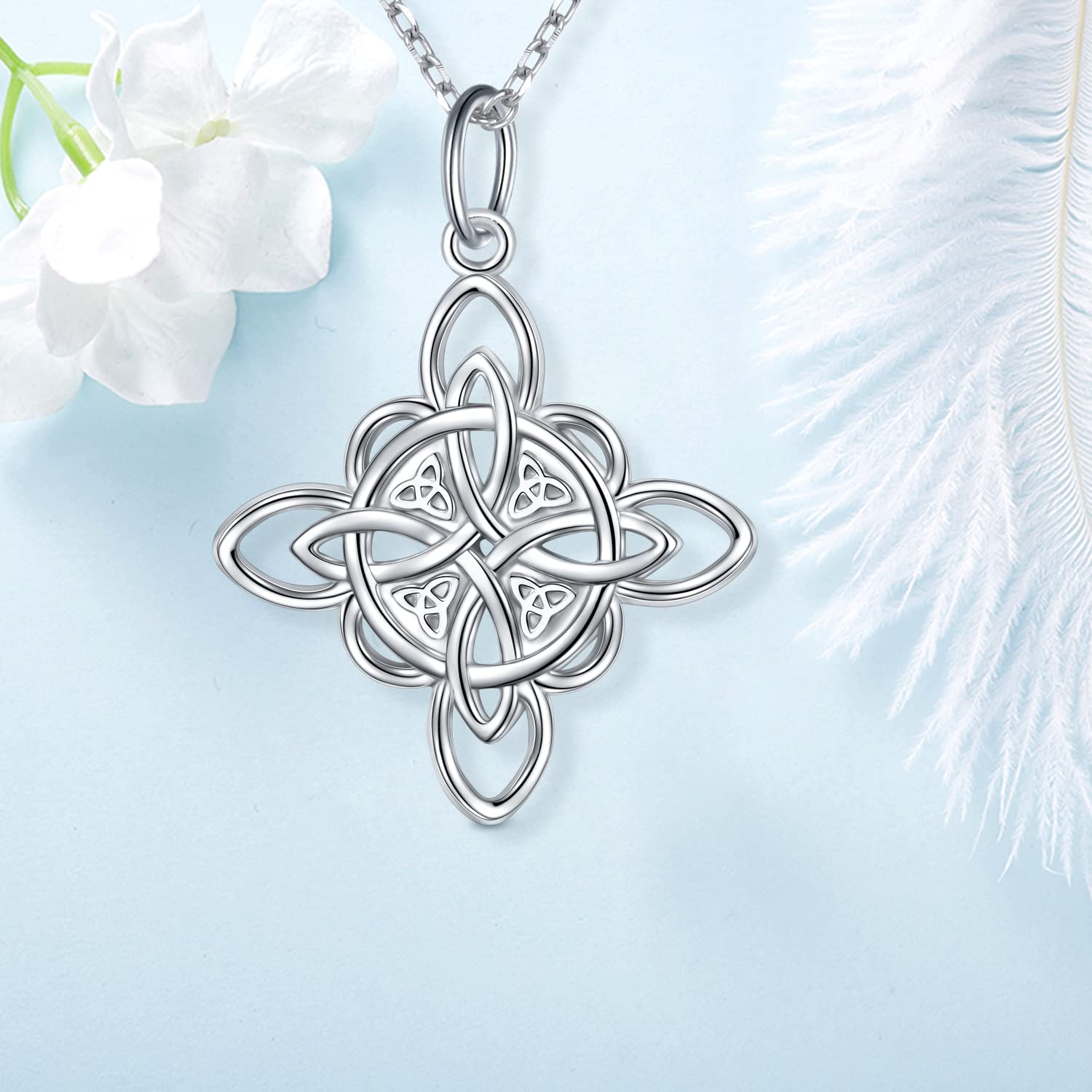 FLYOW Witches Knot Necklace 925 Sterling Silver Good Luck Irish Jewelry Celtic Triquetra Trinity Witches Knot Pendant Necklace for Women Birthday Graduation Christmas