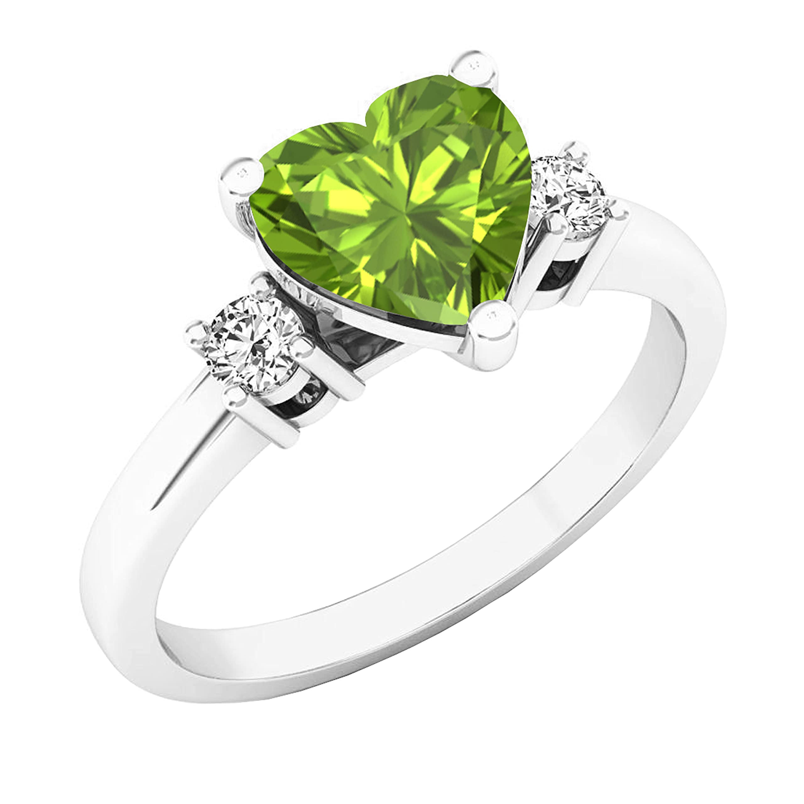 Dazzlingrock Collection 14K 7 MM Heart Peridot & Round Diamond Ladies 3 Stone Engagement Ring, White Gold, Size 5