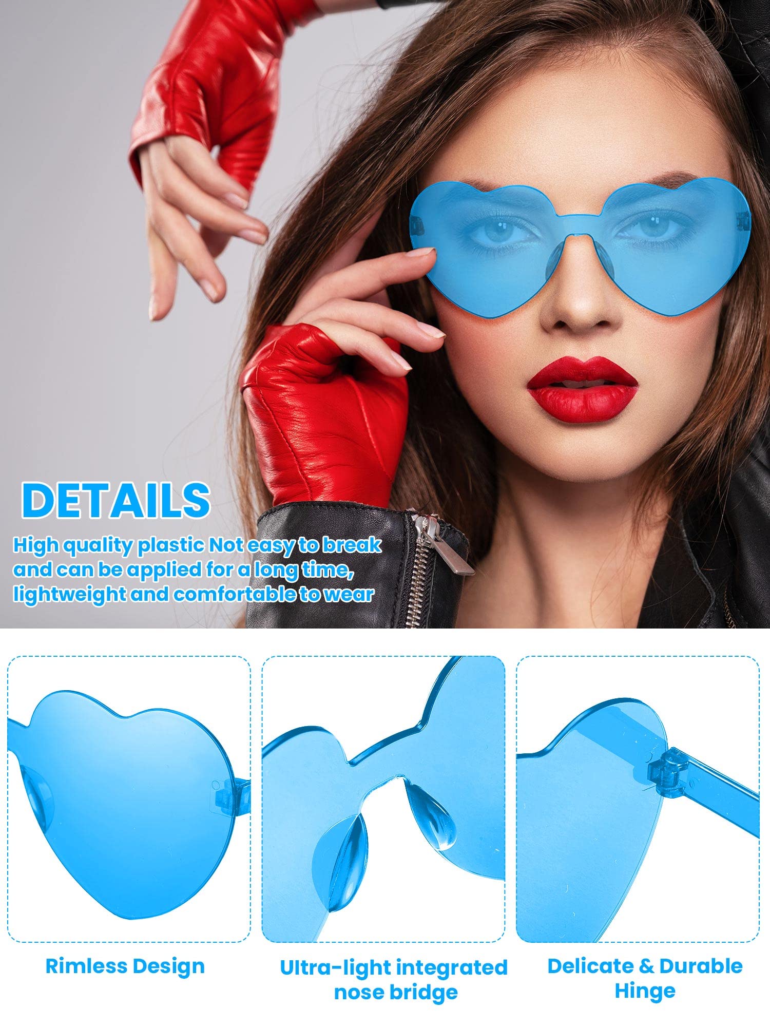 Weewooday 40 Pairs Heart Glasses Rimless Heart Shaped Frameless Sunglasses Transparent Sunglasses Tinted Eyewear(Blue)