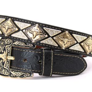 West Star Texas Genuine Leather Belt with Longhorn Buckle Gold and Silver -806A Longhorn BK XL Floral