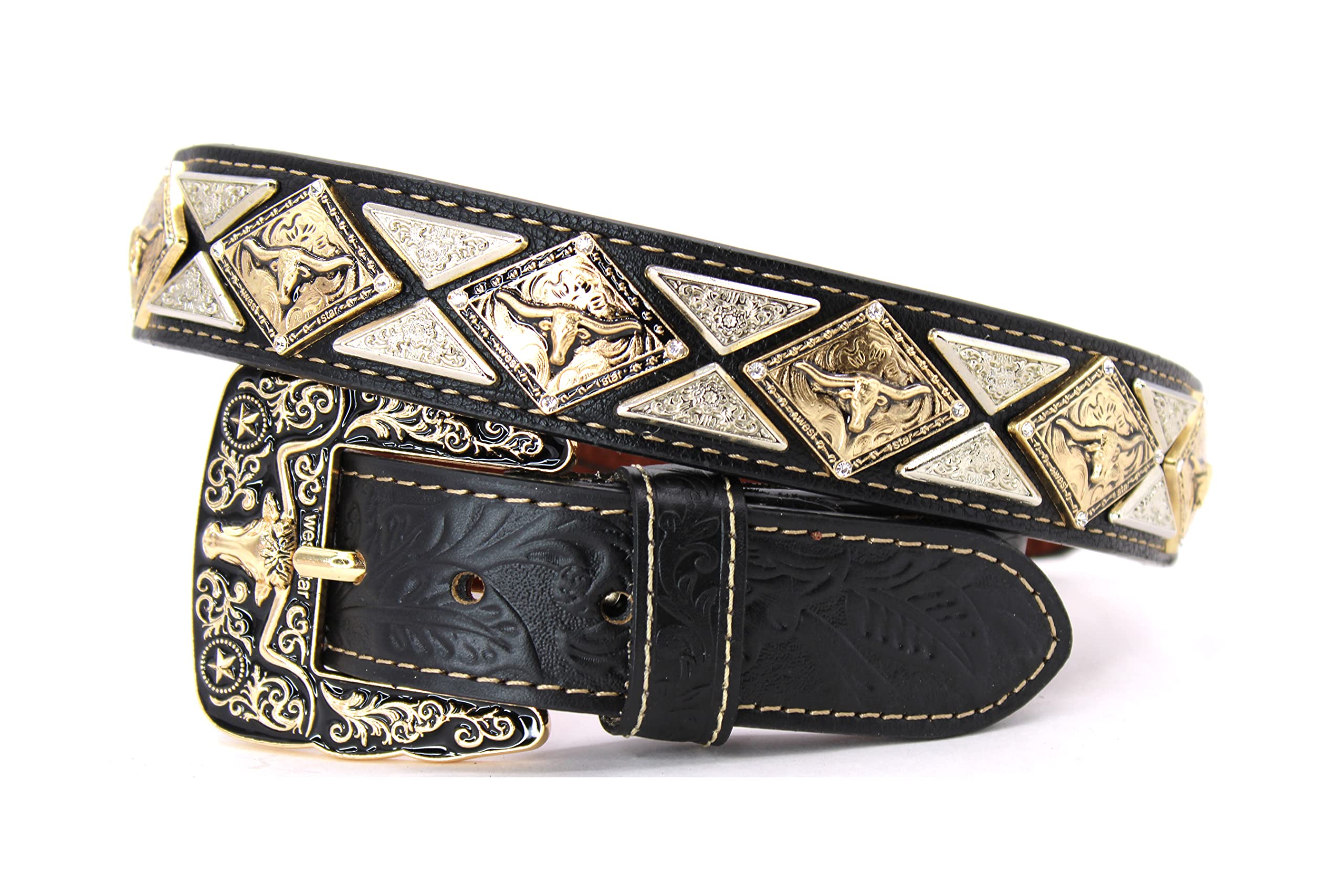 West Star Texas Genuine Leather Belt with Longhorn Buckle Gold and Silver -806A Longhorn BK XL Floral