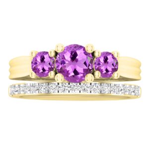 Dazzlingrock Collection Round Amethyst & White Diamond Ladies Bridal Three Stone Engagement Ring Set, 10K Yellow Gold, Size 4