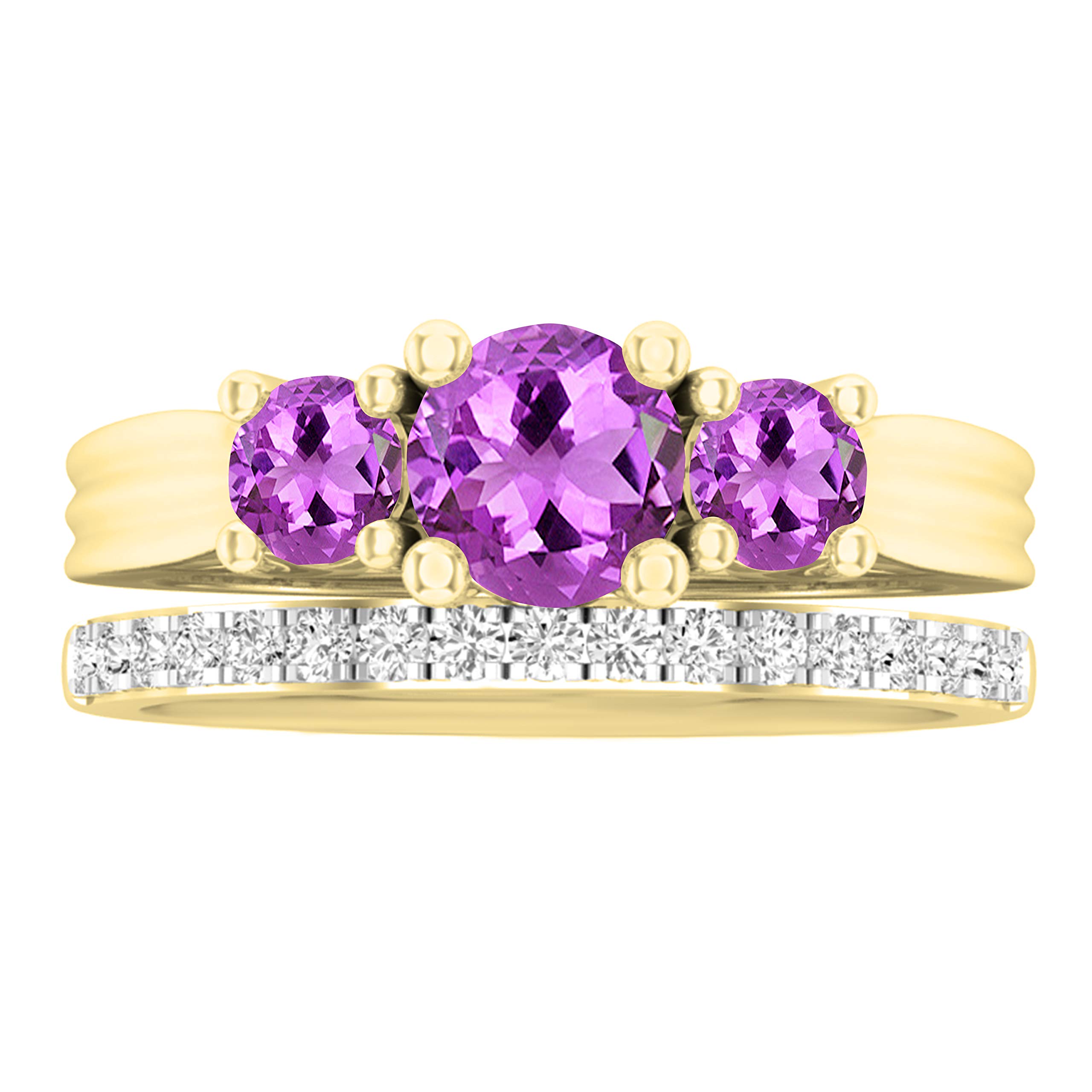 Dazzlingrock Collection Round Amethyst & White Diamond Ladies Bridal Three Stone Engagement Ring Set, 10K Yellow Gold, Size 4