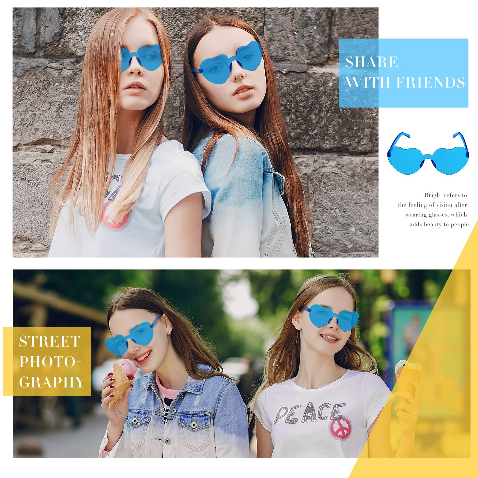 Konohan 16 Pairs Heart Shape Rimless Valentines Sunglasses Transparent Love Fun Sunglasses Party Accessories for Women (Blue)