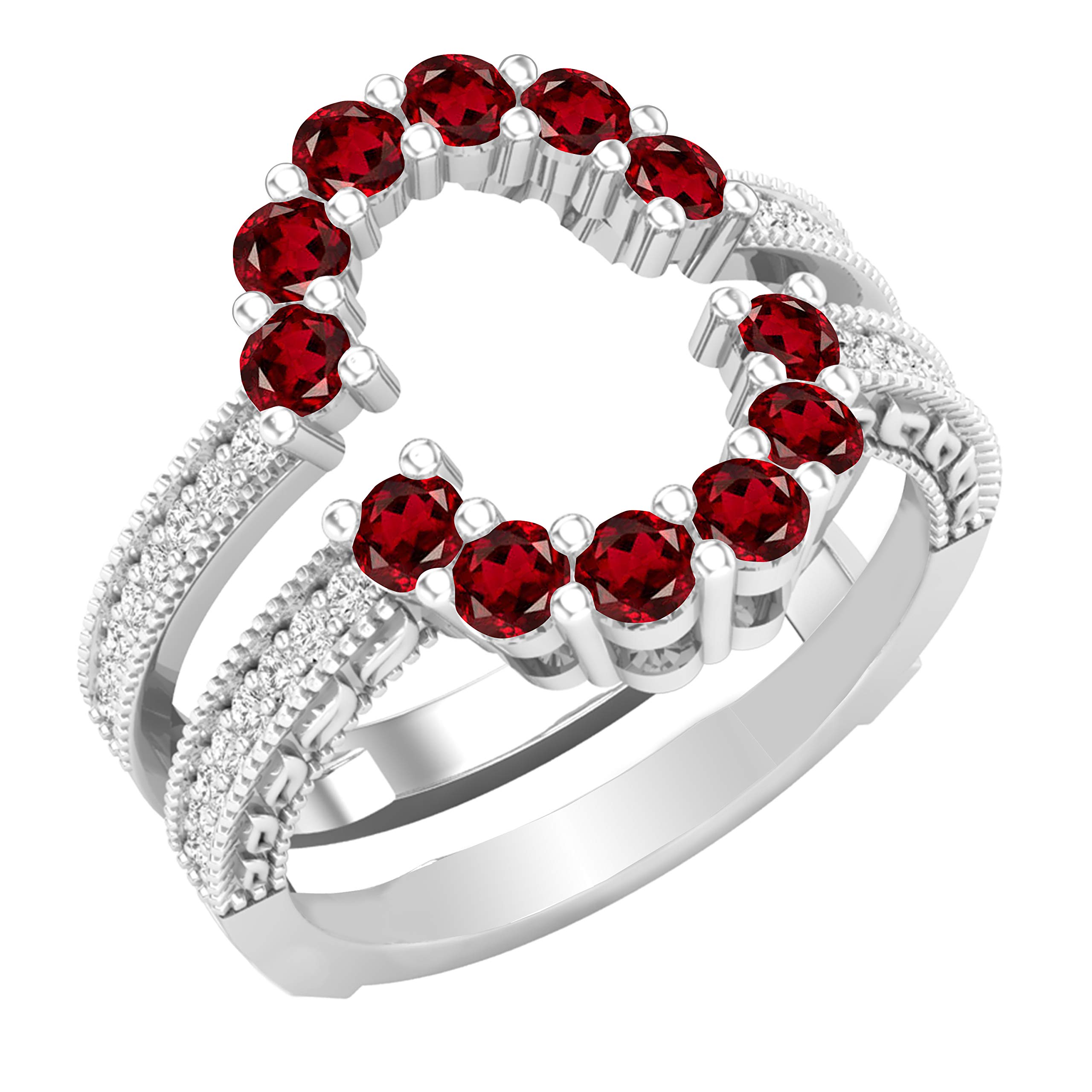 Dazzlingrock Collection Round Garnet & White Diamond Women Enhancer Guard Double Wedding Ring, 14K White Gold, Size 7.5