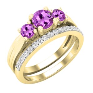 Dazzlingrock Collection Round Amethyst & White Diamond Ladies Bridal Three Stone Engagement Ring Set, 10K Yellow Gold, Size 4