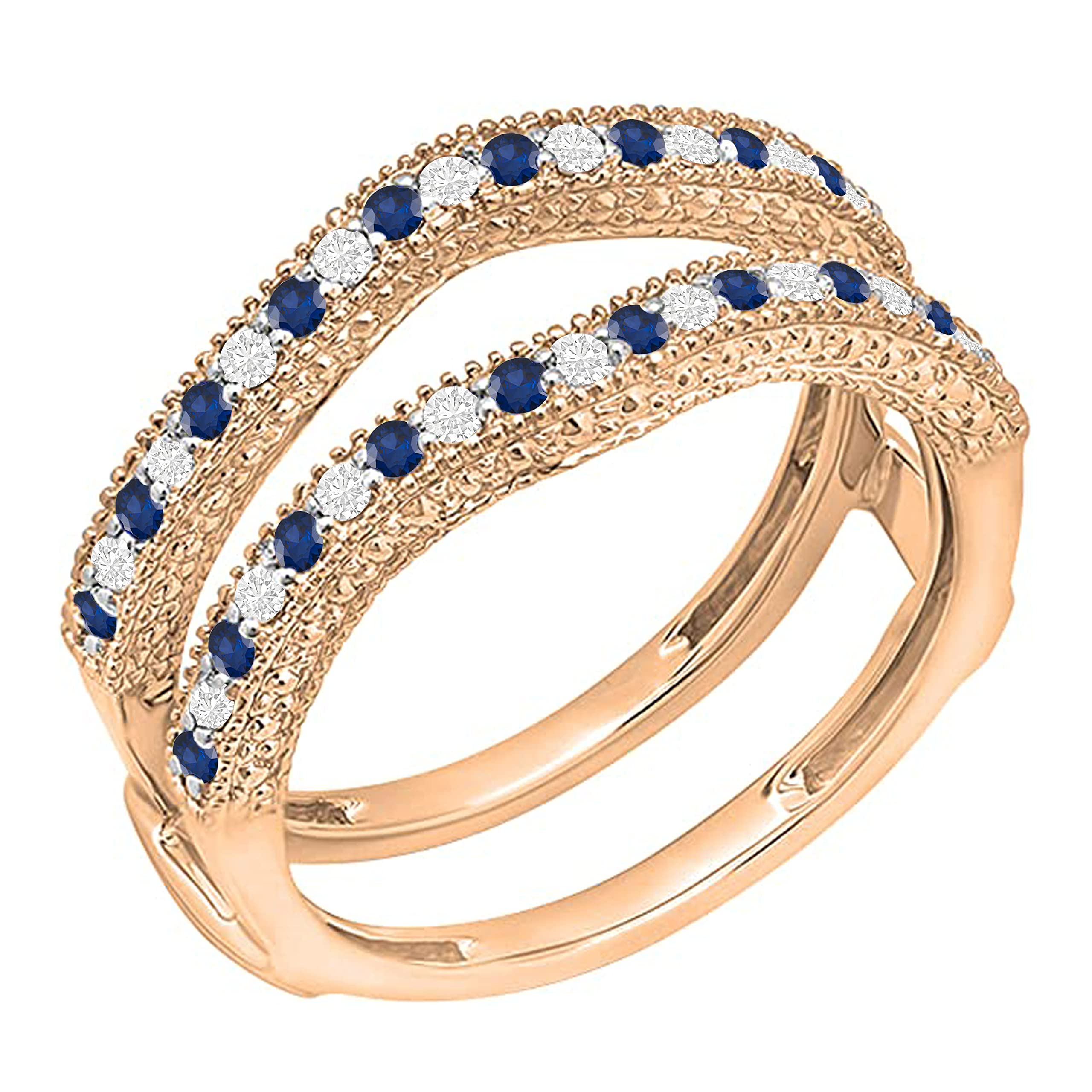 Dazzlingrock Collection Round Blue Sapphire & White Diamond Millgrain Double Guard Wedding Band for Women in 14K Rose Gold, Size 4