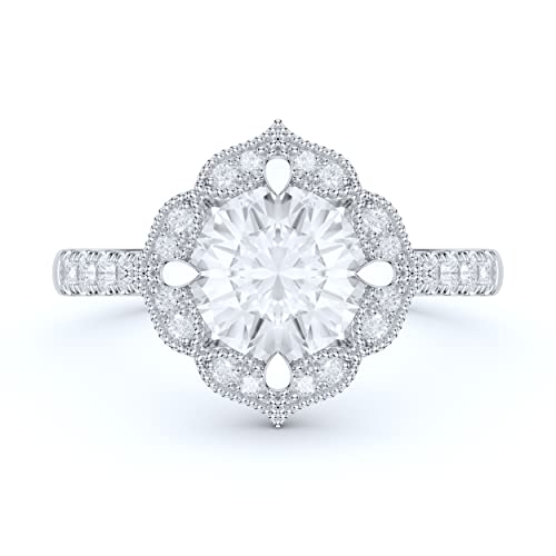 PRSTANI 14k White Gold Vintage Milgrain Romantic Petals Halo 1.0 CT Genuine Moissanite Engagement Ring (9)