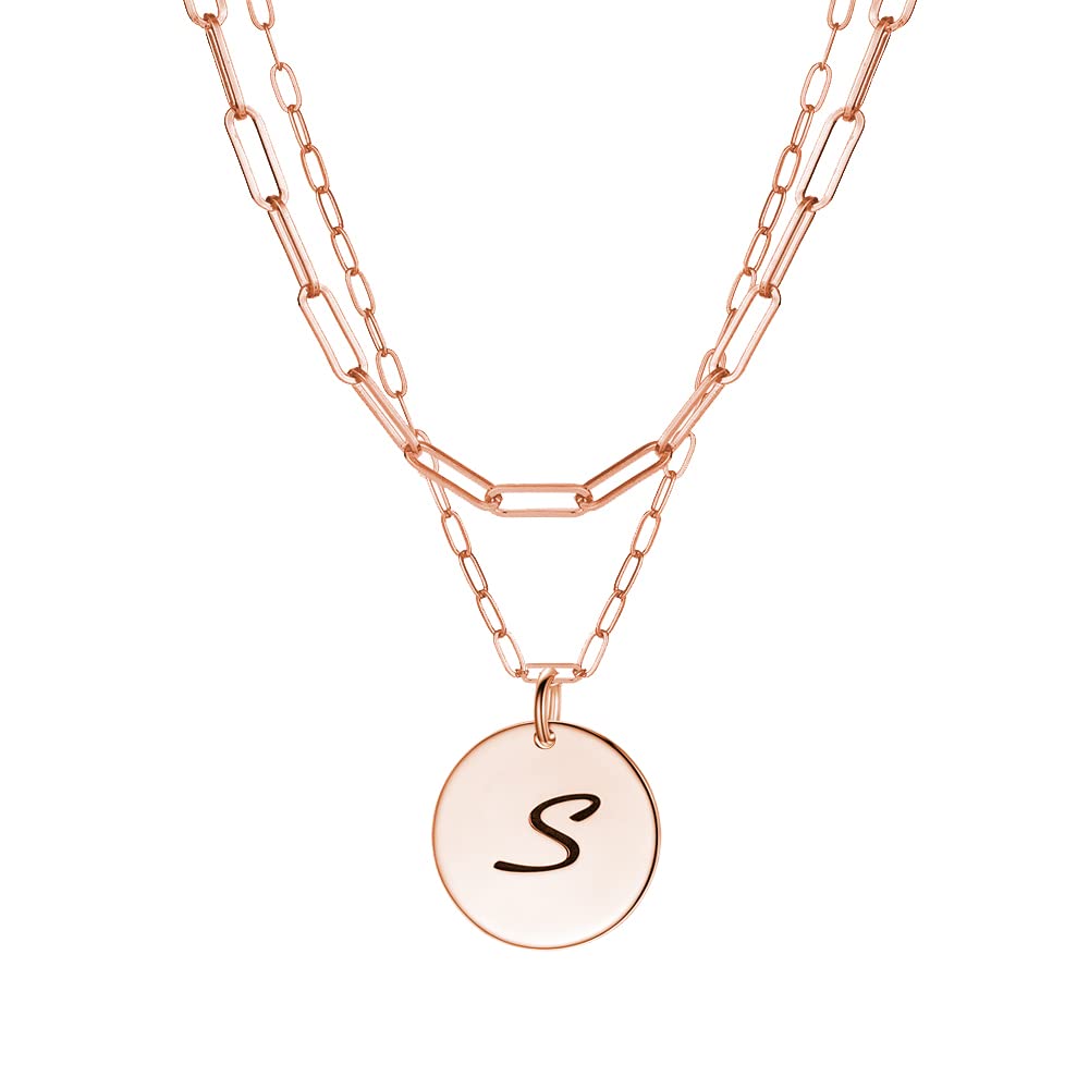 Dainty Two Layered Necklaces for Women Paperclip Chain Necklace Simple Name Letter Pendant Initial Choker Necklace (Sterling Silver-rose gold color)