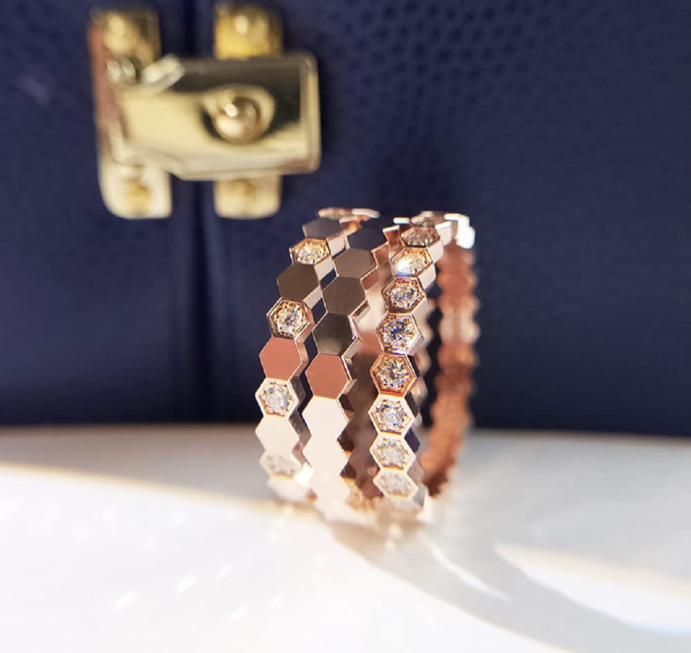 ZDIFDIC Rose Gold Honeycomb Stacking Ring 3 Pieces Hexagon Statement Rings with Delicate Cubic Zirconia Promise Wedding Engagement Eternity Bands Gifts for Women Size 6 to10(10#)