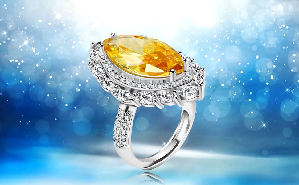 Uloveido Platinum Plated Olive-Shaped Marquise Golden Yellow Zircon Ring for Women, Simulated Citrine Full Citrine Open Ring Adjustable Y1828