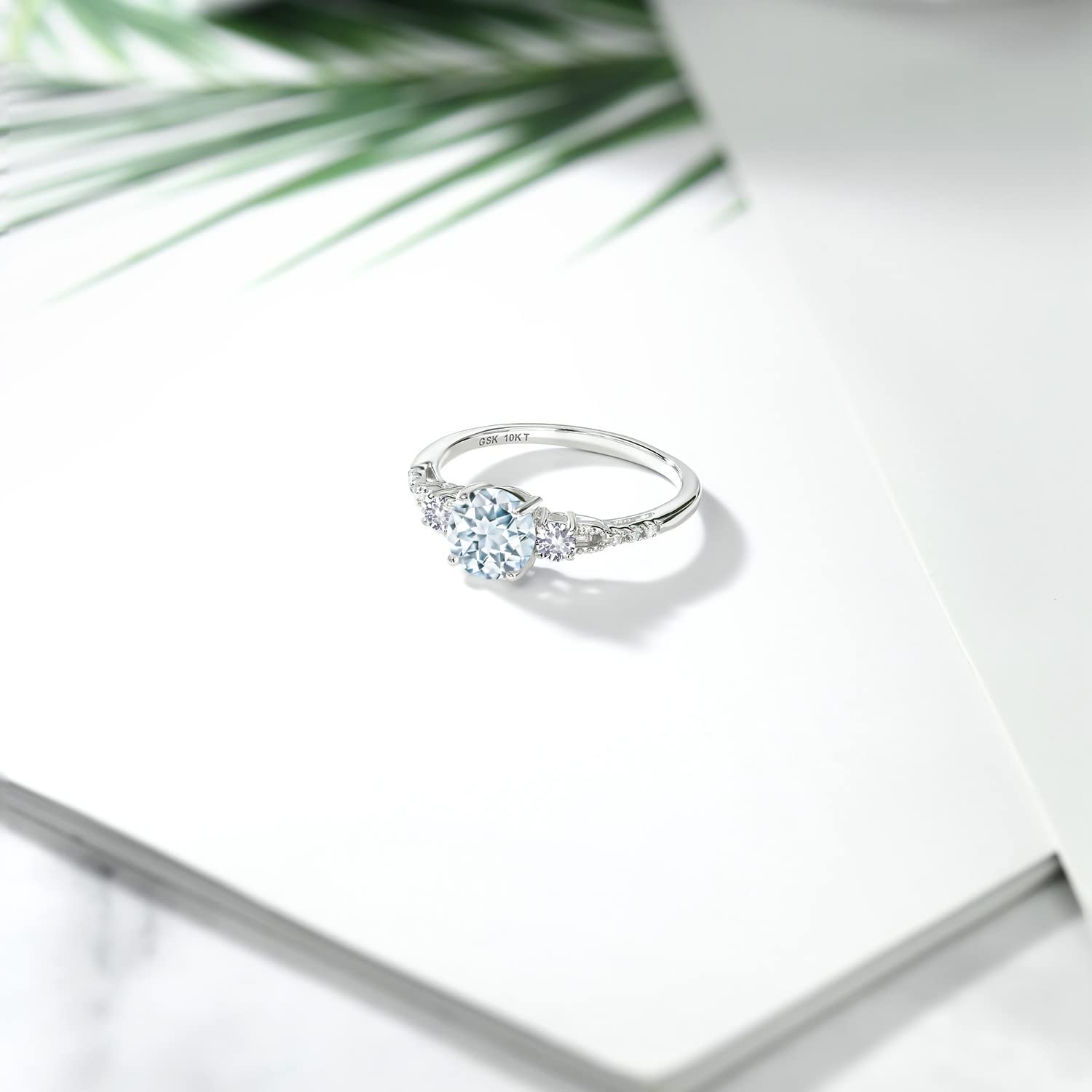 Gem Stone King 10K White Gold Sky Blue Aquamarine White Created Sapphire and White Diamond Accent 3-Stone Engagement Ring For Women | 0.89 Cttw | Round 6MM | Available In Size 5-9.5