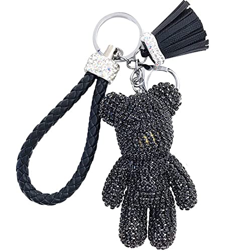 BONICI Girls Fashionable Diamond Bear Pendant Keychain Bling Sparkle Luxury Bear Key-Chains Keyring Gift Pendant for Handbag Tote Purse Backpack Bag Decoration Car Key Tassel Wrist Strap -Black