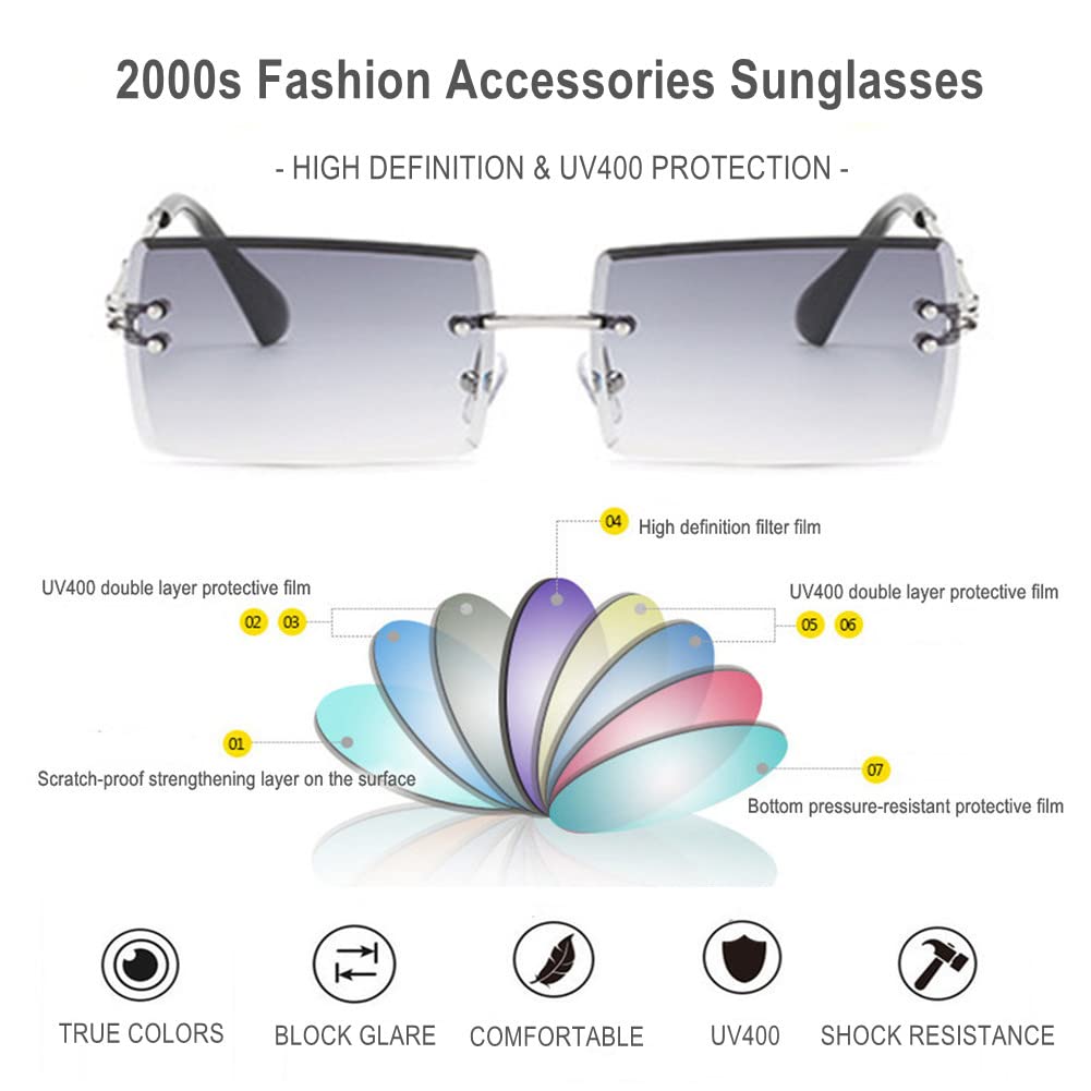 BAWUYI 90s 2000s Rectangle Rimless Sunglasses Women Men Y2K Accessories Vintage Retro Frameless Square Glasses UV400 Tinted Lens Silver-Grey