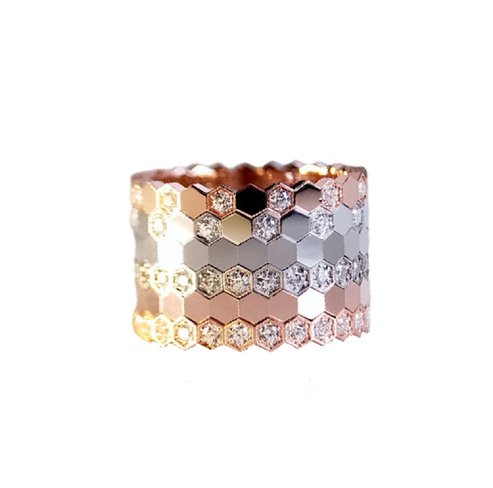 ZDIFDIC Rose Gold Honeycomb Stacking Ring 3 Pieces Hexagon Statement Rings with Delicate Cubic Zirconia Promise Wedding Engagement Eternity Bands Gifts for Women Size 6 to10(10#)