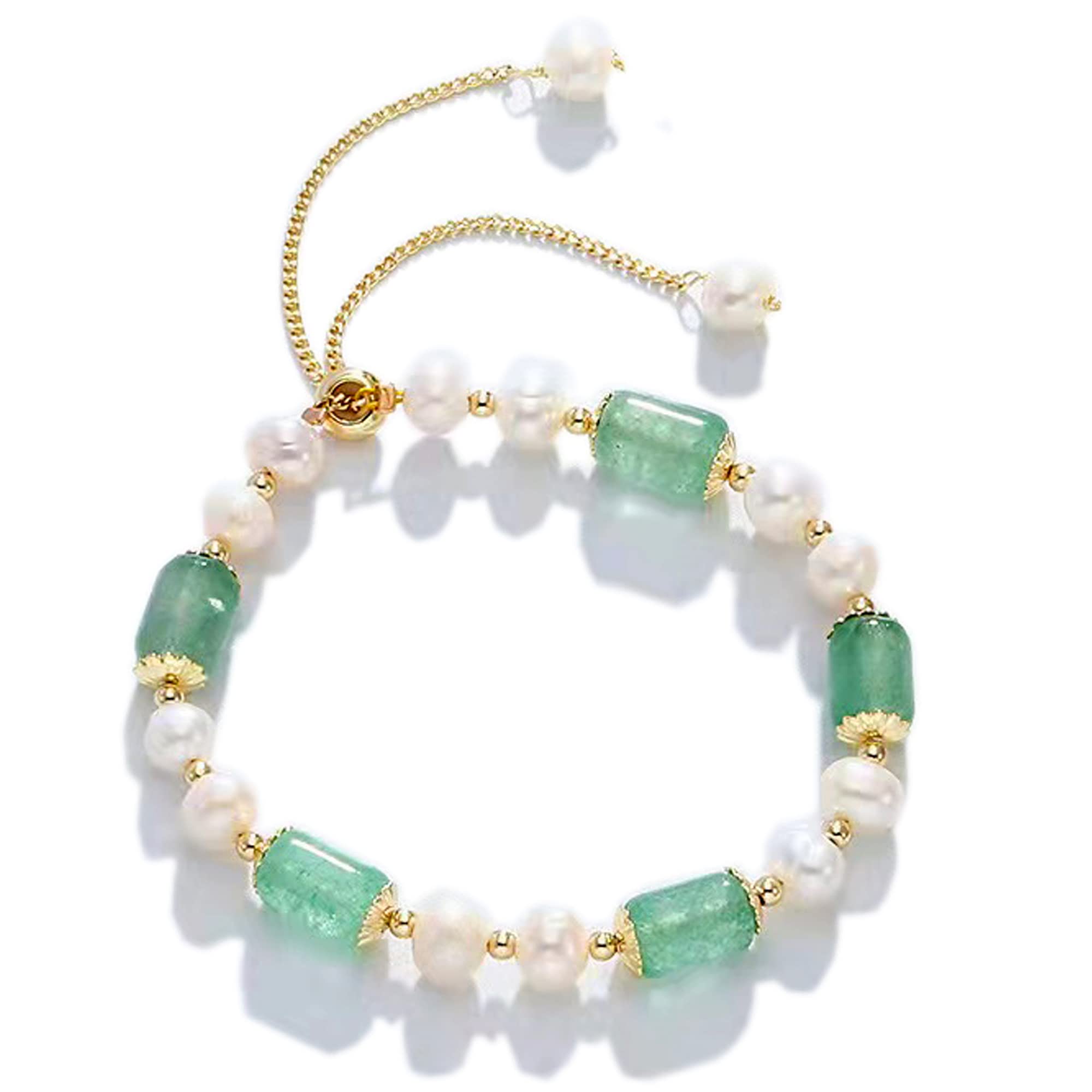 Natural Jade Pearls Bracelet Gold Wealthy Good Fortune Jade Bangle Amulet for Women, Lucky Jade Feng Shui Healing Crystal Bracelet