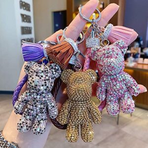 BONICI Girls Fashionable Diamond Bear Pendant Keychain Bling Sparkle Luxury Bear Key-Chains Keyring Gift Pendant for Handbag Tote Purse Backpack Bag Decoration Car Key Tassel Wrist Strap -White