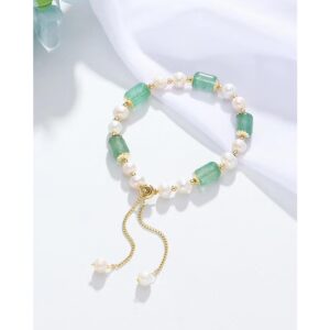 Natural Jade Pearls Bracelet Gold Wealthy Good Fortune Jade Bangle Amulet for Women, Lucky Jade Feng Shui Healing Crystal Bracelet