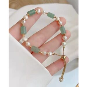 Natural Jade Pearls Bracelet Gold Wealthy Good Fortune Jade Bangle Amulet for Women, Lucky Jade Feng Shui Healing Crystal Bracelet