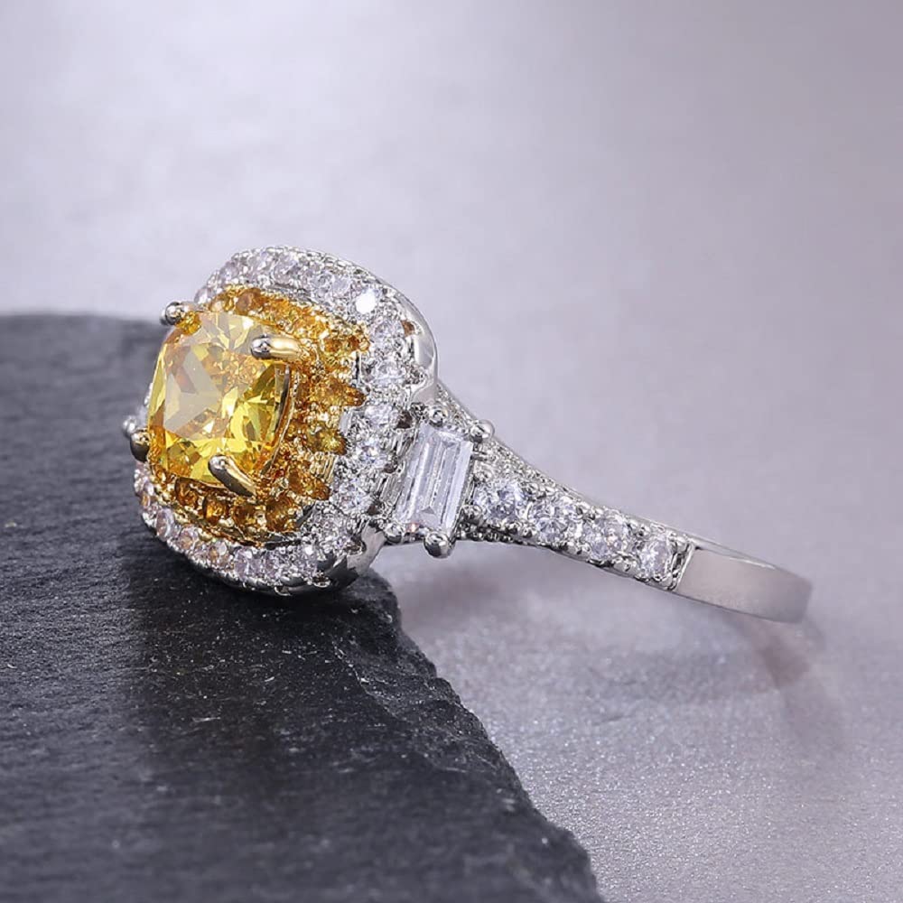 LRGKMCWTOB 925 Sterling Silver Full Diamond Ring Shiny Citrine Ring Square Cut 6CT Canary Yellow Halo Square Cushion Cut CZ Cubic Zirconia Statement Eternity Engagement Wedding Band Ring (Size 7)