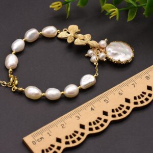 ELEXIS 18K Gold Dainty Baroque Pearl Bracelet For Women Wedding Handmade Originals Trendy Casual Freshwater Pearls Leaf Bracelet For Girls Gift Engaged Comfy Bridesmaid Hanging Jewelry