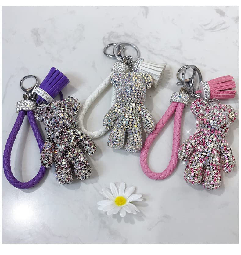 BONICI Girls Fashionable Diamond Bear Pendant Keychain Bling Sparkle Luxury Bear Key-Chains Keyring Gift Pendant for Handbag Tote Purse Backpack Bag Decoration Car Key Tassel Wrist Strap -White