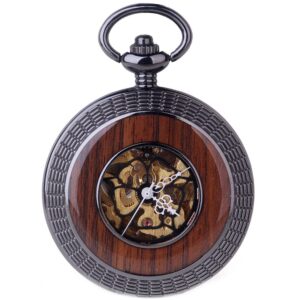 Men's Pocket Watch Mechanical Hand-Wind Steampunk Wood Grain Hollow Classic Design with Chain & Box