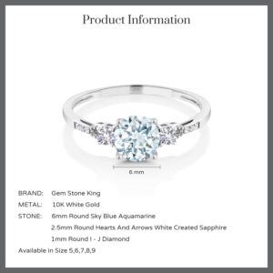 Gem Stone King 10K White Gold Sky Blue Aquamarine White Created Sapphire and White Diamond Accent 3-Stone Engagement Ring For Women | 0.89 Cttw | Round 6MM | Available In Size 5-9.5