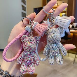 BONICI Girls Fashionable Diamond Bear Pendant Keychain Bling Sparkle Luxury Bear Key-Chains Keyring Gift Pendant for Handbag Tote Purse Backpack Bag Decoration Car Key Tassel Wrist Strap -White