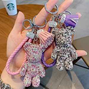 BONICI Girls Fashionable Diamond Bear Pendant Keychain Bling Sparkle Luxury Bear Key-Chains Keyring Gift Pendant for Handbag Tote Purse Backpack Bag Decoration Car Key Tassel Wrist Strap -White