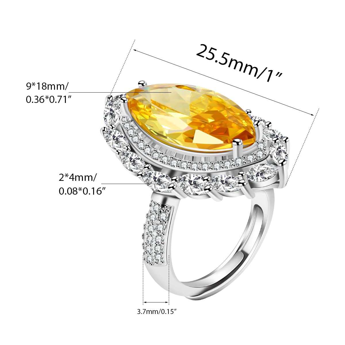 Uloveido Platinum Plated Olive-Shaped Marquise Golden Yellow Zircon Ring for Women, Simulated Citrine Full Citrine Open Ring Adjustable Y1828