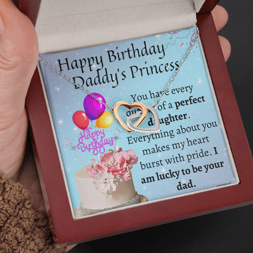 KINDPAW Birthday Gift Necklace for Daughter From Dad – Comes With a Birthday Wishes Message Card and a Jewelry Box (Interlocking Heart Necklace)