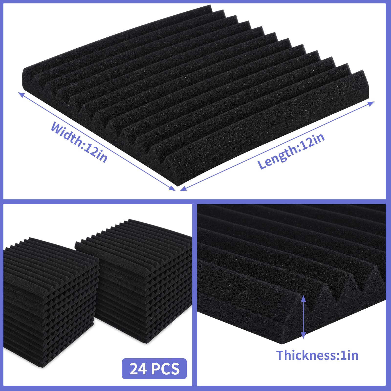 24 Pack Acoustic Panels, 1" X 12" X 12" Acoustic Foam Panels, Sound Proof Foam Panels, Self-Adhesive Soundproof Wall Panels,Fire-Proofed Soundproofing Wedges,Acoustic Treatment Foam for Home-Black