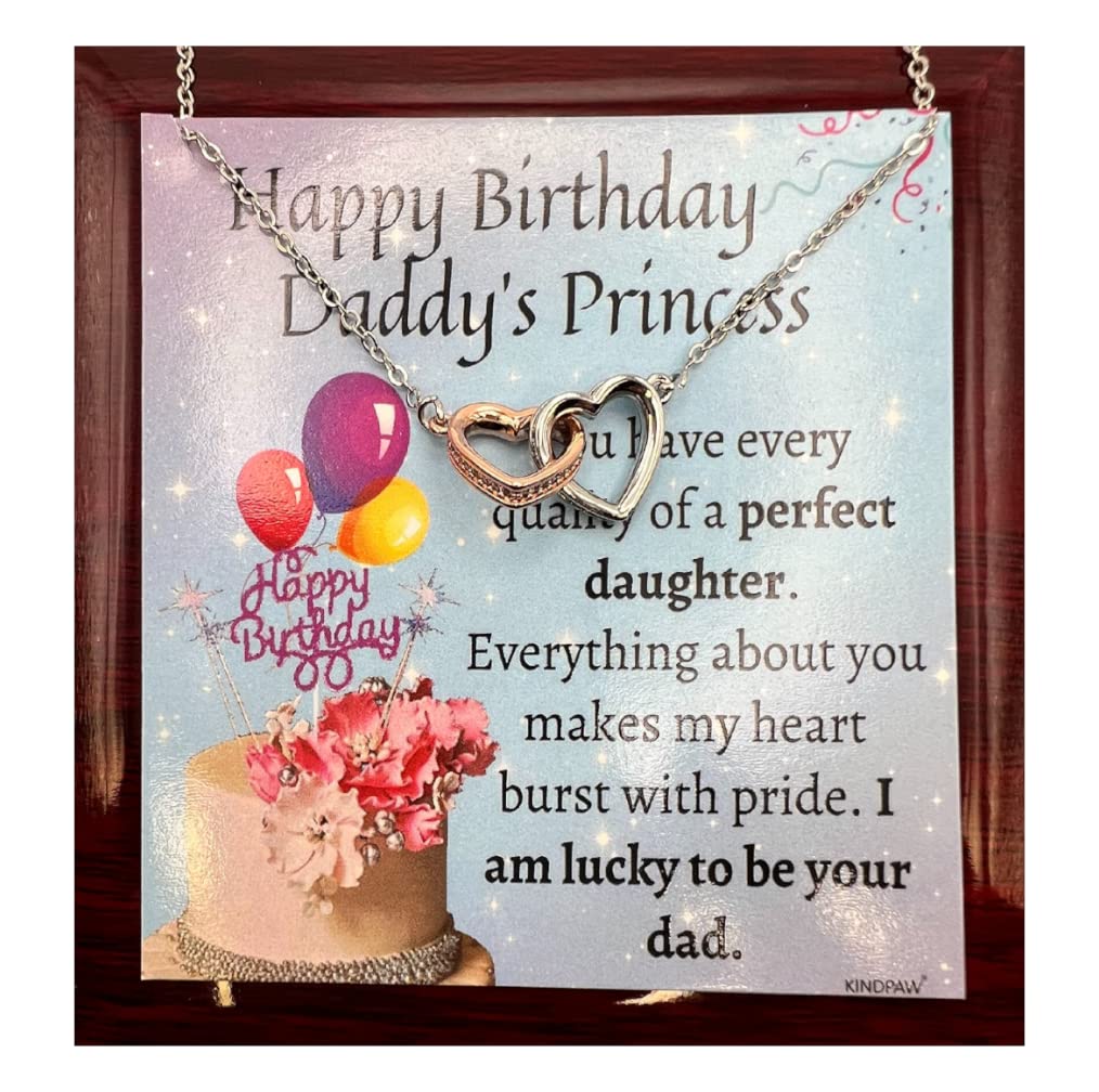 KINDPAW Birthday Gift Necklace for Daughter From Dad – Comes With a Birthday Wishes Message Card and a Jewelry Box (Interlocking Heart Necklace)