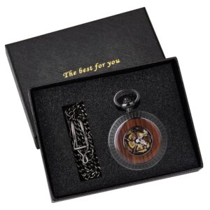 Men's Pocket Watch Mechanical Hand-Wind Steampunk Wood Grain Hollow Classic Design with Chain & Box